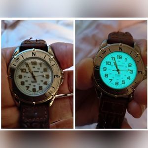 Sergio Valente NITE GLO Watch Mens Silver Gold Tone Bezel Diver Leather Band